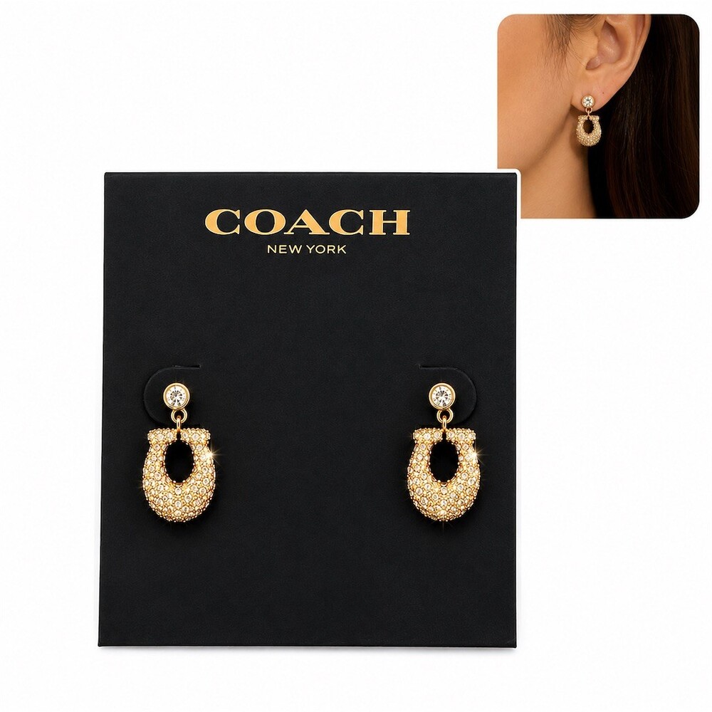 Coach Earrings Gold Tone Clear Crystal Pavé Logo Drop Dangle Studs preppy gift